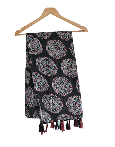 Traditional Ajrakh Print Cotton Stole, Black, Mandala Pattern with Tassels
