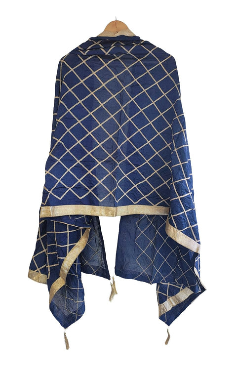 Indis Scarves Silk Embroidery Dupatta with Gold Grid Pattern, Traditional Ethnic Shawl Wrap with Tassel Detail