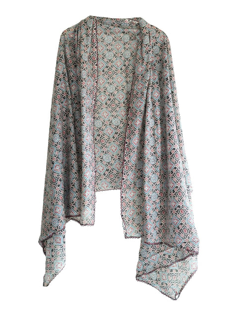 Traditional Ajrakh Print Cotton Stole, Colour 10, Mandala Pattern with Tassels