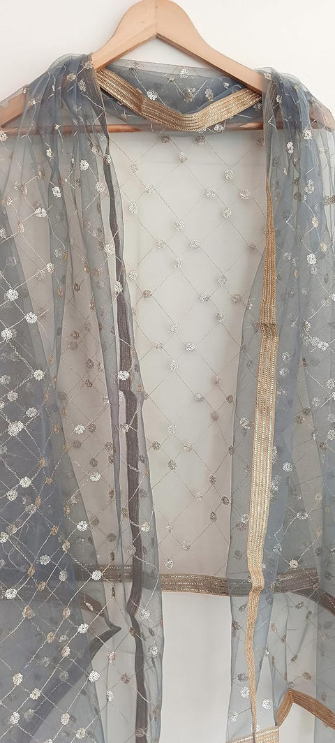 Traditional Embroidered Net Dupatta with Golden Border, Red Sequined Scarf, Diamond Pattern Dupatta, Chunni