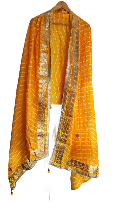 Bandhani Print Dupatta with Golden Floral Lace Border, Lightweight Ethnic Silk for Women