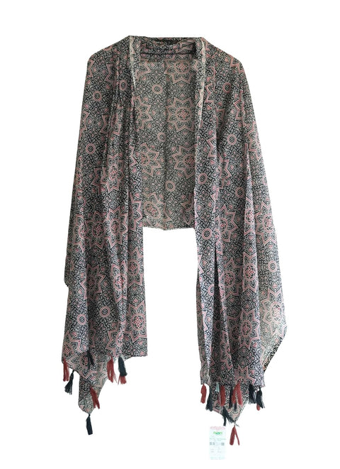 Traditional Ajrakh Print Cotton Stole, Black, Mandala Pattern with Tassels