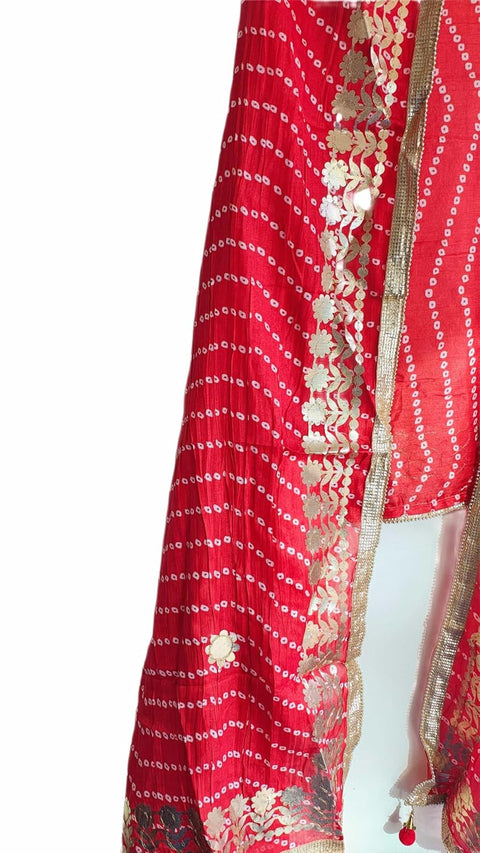 Bandhani Print Dupatta with Golden Floral Lace Border, Lightweight Ethnic Silk for Women