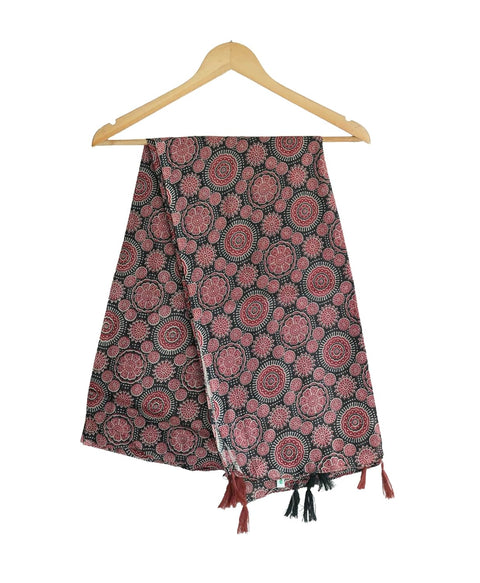 Traditional Ajrakh Print Cotton Stole, Black, Mandala Pattern with Tassels