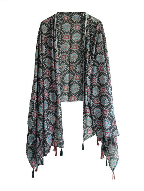Traditional Ajrakh Print Cotton Stole, Black, Mandala Pattern with Tassels