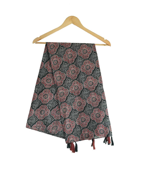 Traditional Ajrakh Print Cotton Stole, Black, Mandala Pattern with Tassels