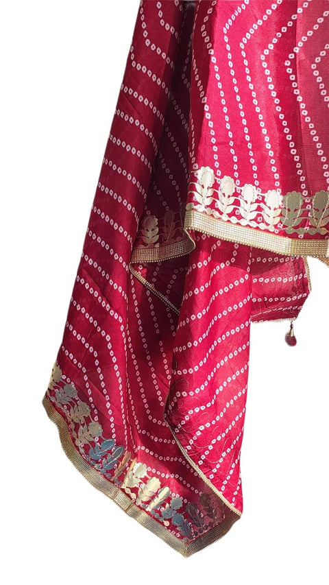 Bandhani Print Dupatta with Golden Floral Lace Border, Lightweight Ethnic Silk for Women