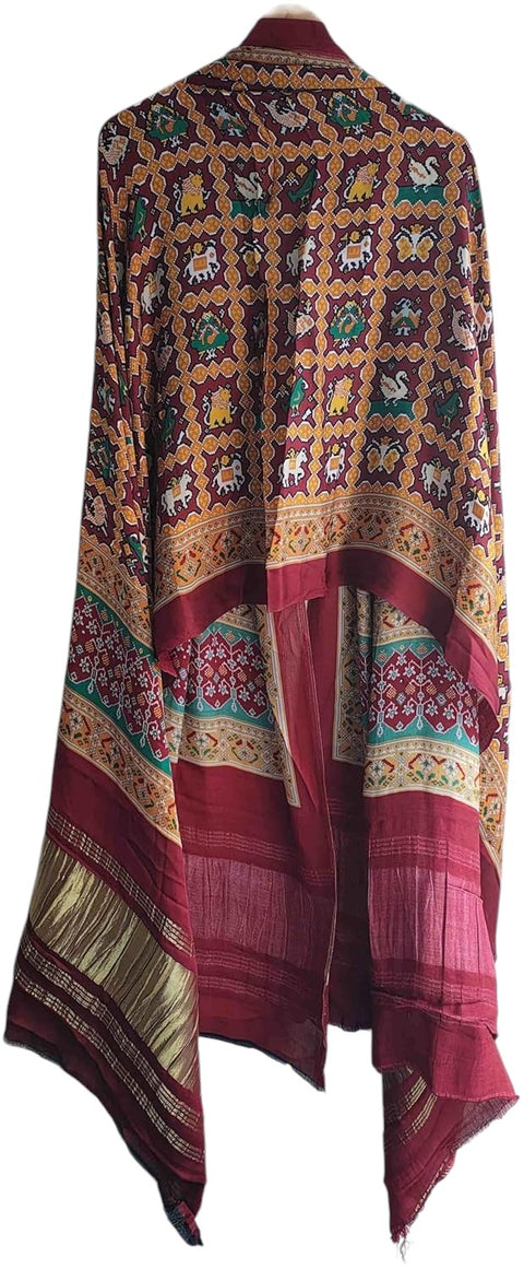Printed Modal Silk Patola Print Dupatta, Traditional Indian Scarf with Geometric Motifs, Digital Print Design
