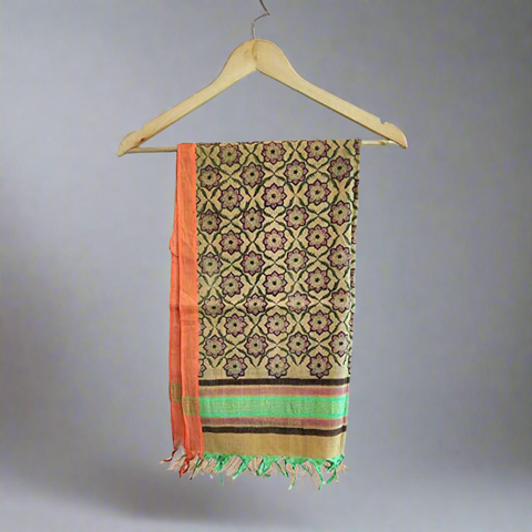Bagru Hand Block Chandari Silk Cotton Orange and Green Color Dupatta Size 55X185 Cm