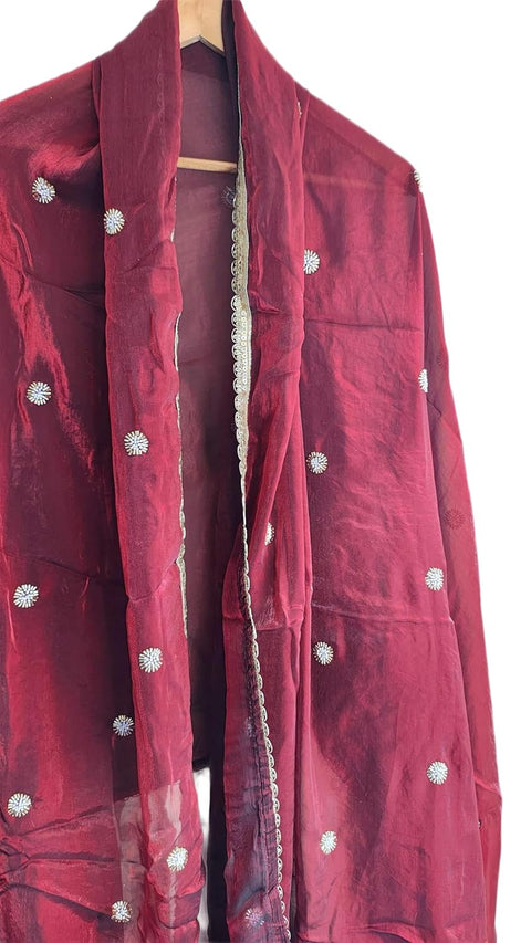 Fendi Fabric Dupatta with Bead Floral Work, Gota Lace Border
