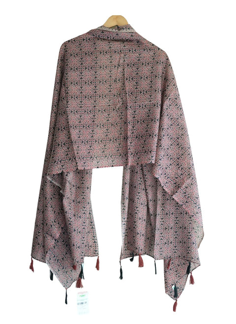 Traditional Ajrakh Print Cotton Stole, Black, Mandala Pattern with Tassels