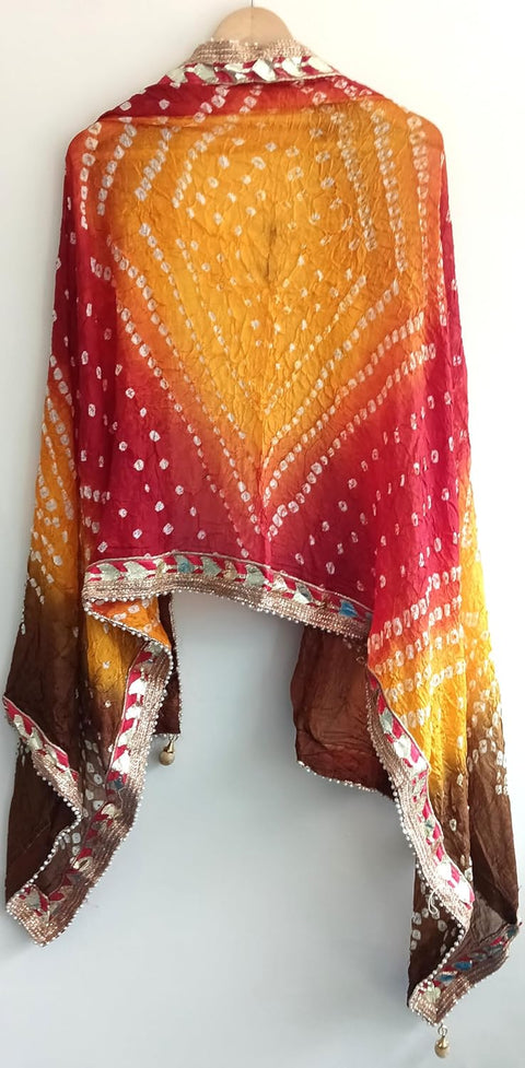 Women's Embellished Pink,Brown And Yellow colour Dupatta: A Touch of Silk & Shimmer Bandhani Work Size 190X98X3