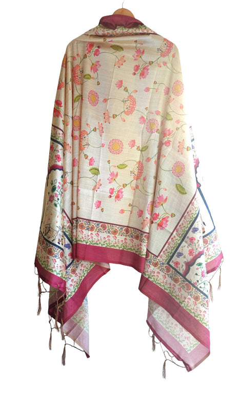 Assam Silk Traditional Dupatta with Multicolor Multi moti Motif | Ethnic Printed Cotton Dupatta with Tassels