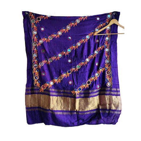 Handcrafted Purple Silk Dupatta with Gold Border, Floral Embroidered Mirror Work, Traditional Indian Scarf