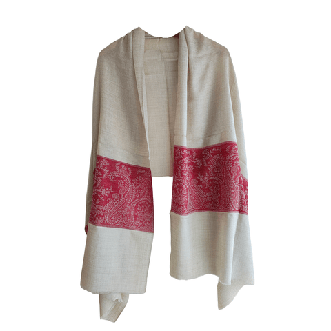 Earthy Elegance Embroidered Wool Stole | White and Red | Warm Winter Wrap for Women