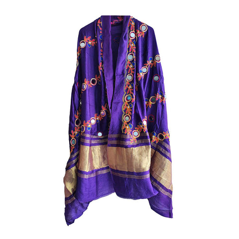 Handcrafted Purple Silk Dupatta with Gold Border, Floral Embroidered Mirror Work, Traditional Indian Scarf