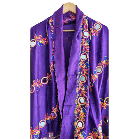 Handcrafted Purple Silk Dupatta with Gold Border, Floral Embroidered Mirror Work, Traditional Indian Scarf