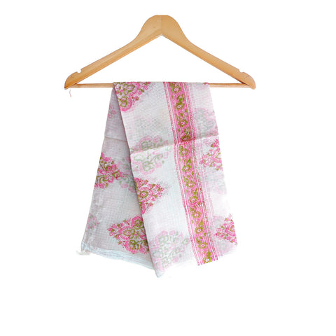 India Scarves Bagru Hand Block Floral kota Doria silk cotton Dupatta (White And Pink )