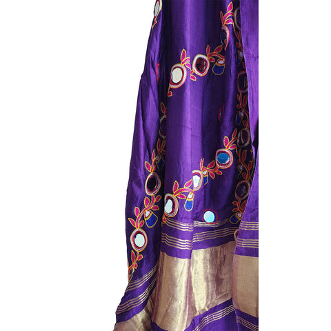 Handcrafted Purple Silk Dupatta with Gold Border, Floral Embroidered Mirror Work, Traditional Indian Scarf