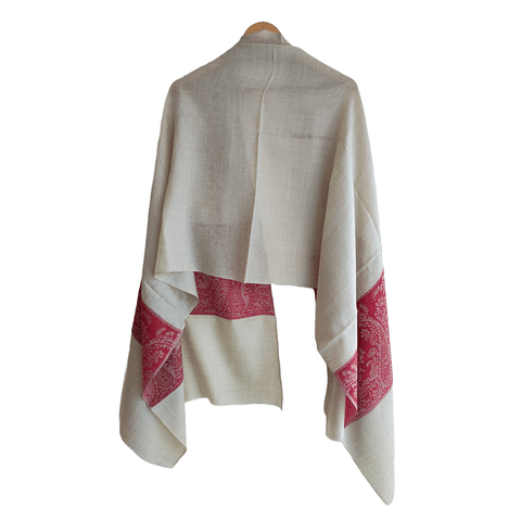 Earthy Elegance Embroidered Wool Stole | White and Red | Warm Winter Wrap for Women