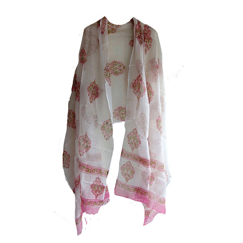 India Scarves Bagru Hand Block Floral kota Doria silk cotton Dupatta (White And Pink )