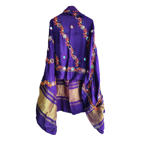 Handcrafted Purple Silk Dupatta with Gold Border, Floral Embroidered Mirror Work, Traditional Indian Scarf