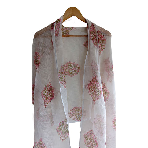 India Scarves Bagru Hand Block Floral kota Doria silk cotton Dupatta (White And Pink )