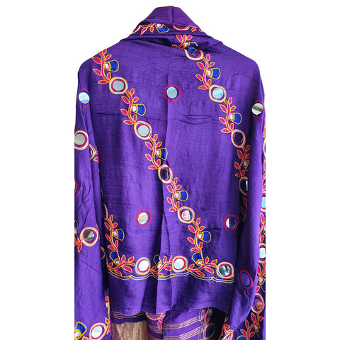 Handcrafted Purple Silk Dupatta with Gold Border, Floral Embroidered Mirror Work, Traditional Indian Scarf