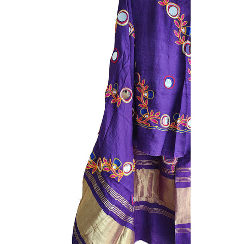 Handcrafted Purple Silk Dupatta with Gold Border, Floral Embroidered Mirror Work, Traditional Indian Scarf
