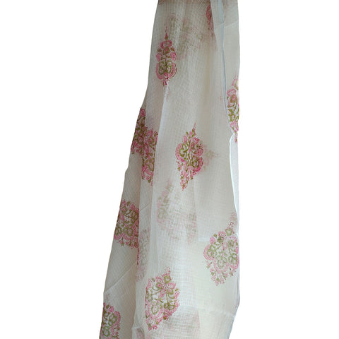 India Scarves Bagru Hand Block Floral kota Doria silk cotton Dupatta (White And Pink )