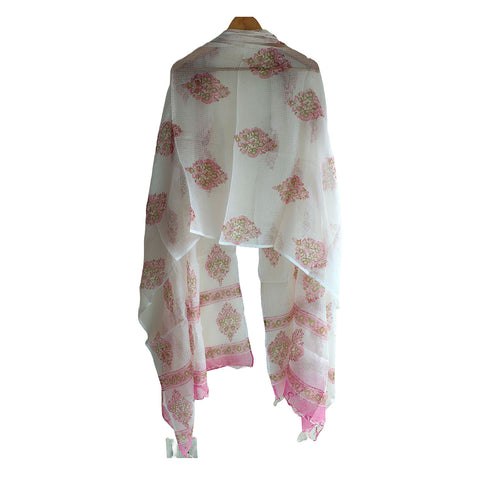 India Scarves Bagru Hand Block Floral kota Doria silk cotton Dupatta (White And Pink )