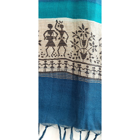 Women's Pure Kosa Silk Stole Adorned with Bastar Tribal Art Hand Paintings With Natural Color