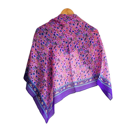 India Scarves Floral Paisley Print Silk Scarf, Light Weight Square Neck Wrap,  Border Pattern, 100x100 cm