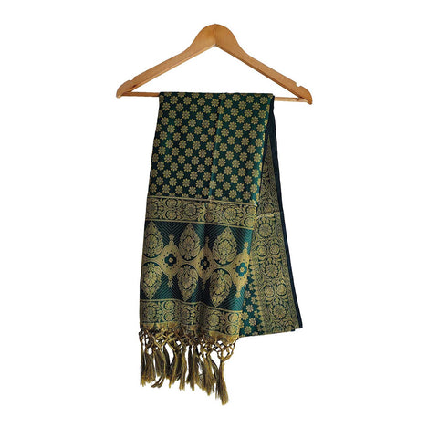 India scarves Banarasi Brocade with Floral Grid, Ornamental Border, and Tassel Finish