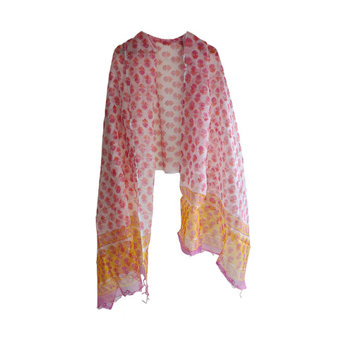 India Scarves Bagru Hand Block Floral kota Doriya silk cotton Dupatta(Pink And Yellow)