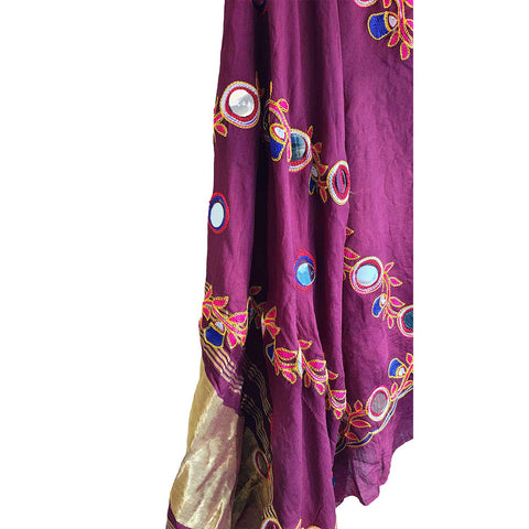 Handcrafted Purple Silk Dupatta with Gold Border, Floral Embroidered Mirror Work, Traditional Indian Scarf