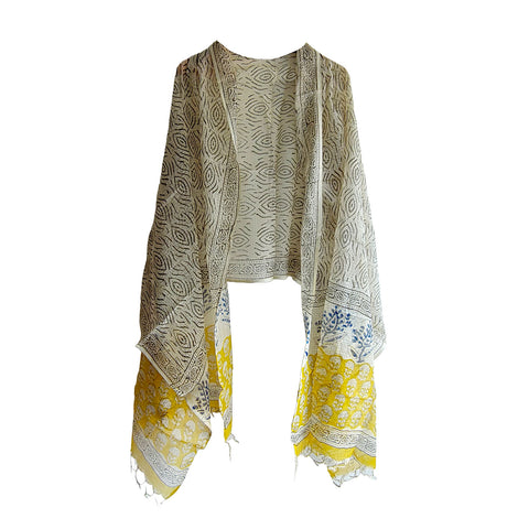 India Scarves Bagru Hand Block Floral kota Doriya silk cotton Dupatta(White Color)