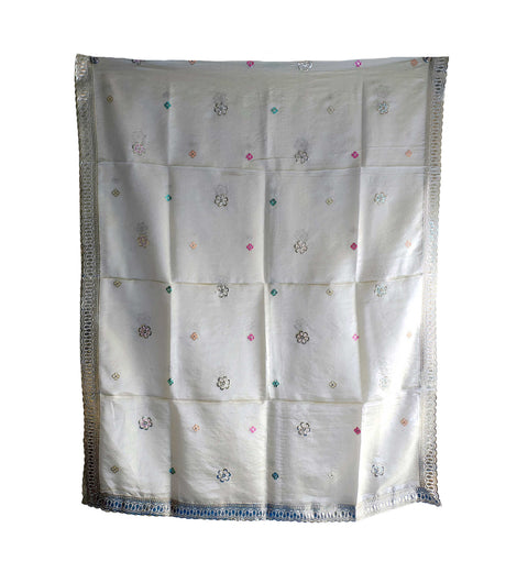 Hand-Embroidered Ivory Silk Dupatta with Multicoloured Floral Motifs and Silver Scalloped Border