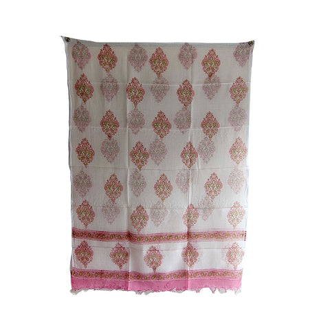 India Scarves Bagru Hand Block Floral kota Doria silk cotton Dupatta (White And Pink )