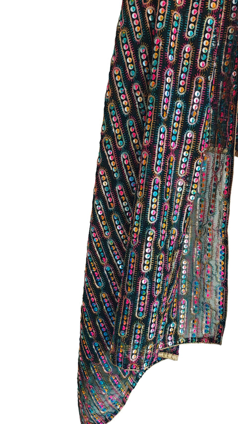 Handcrafted Mirror Work Embroidered Dupatta, Red, Cotton, Traditional Tribal Design, Ethnic Style