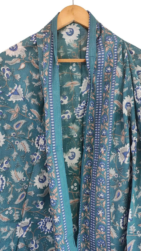 Cotton Sarong Scarf, Teal Blue Floral Print, Paisley Border Design with Tassel Accents