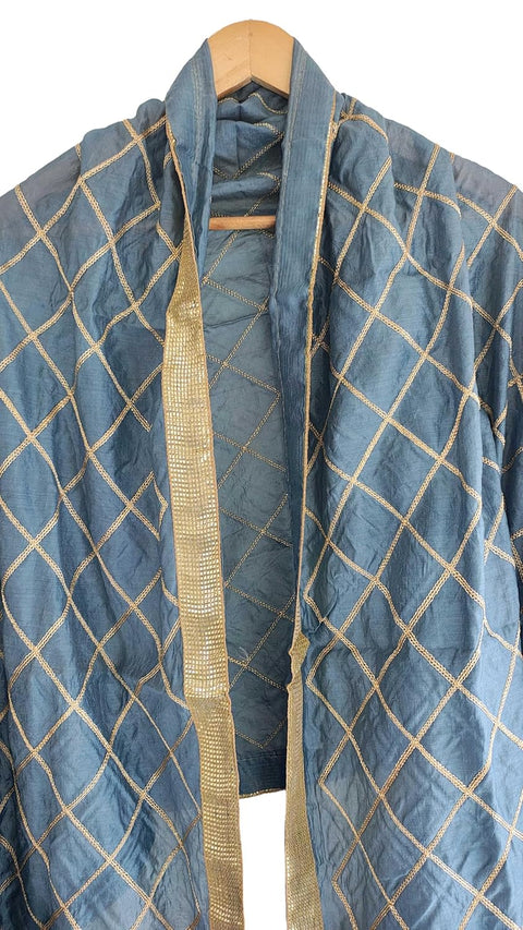 Indis Scarves Silk Embroidery Dupatta with Gold Grid Pattern, Traditional Ethnic Shawl Wrap with Tassel Detail
