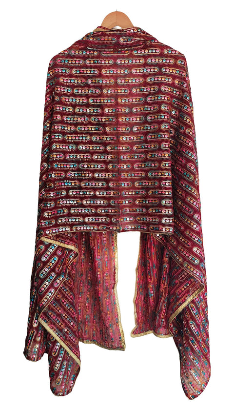 Handcrafted Mirror Work Embroidered Dupatta, Red, Cotton, Traditional Tribal Design, Ethnic Style