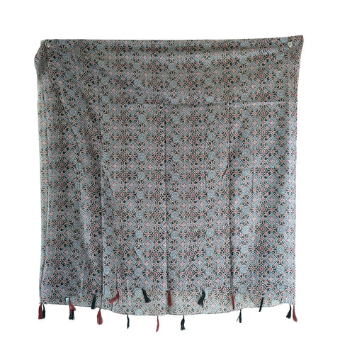 Traditional Ajrakh Print Cotton Stole, Black, Mandala Pattern with Tassels
