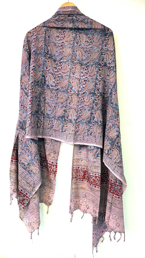 Hand Block Printed Kalamkari Stole - Traditional Indian Floral Scarves (73x194 cm) Light Blue