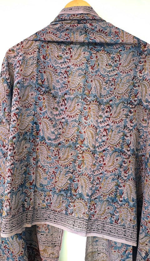 Hand Block Printed Kalamkari Stole - Traditional Indian Floral Scarves (73x194 cm) Light Blue