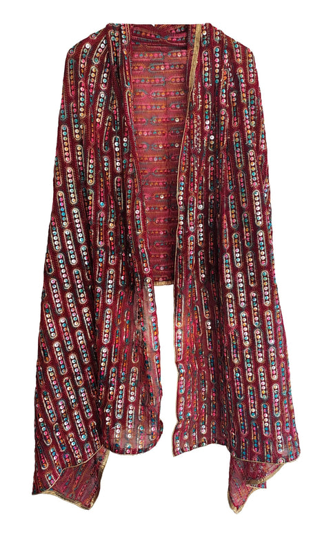 Handcrafted Mirror Work Embroidered Dupatta, Red, Cotton, Traditional Tribal Design, Ethnic Style