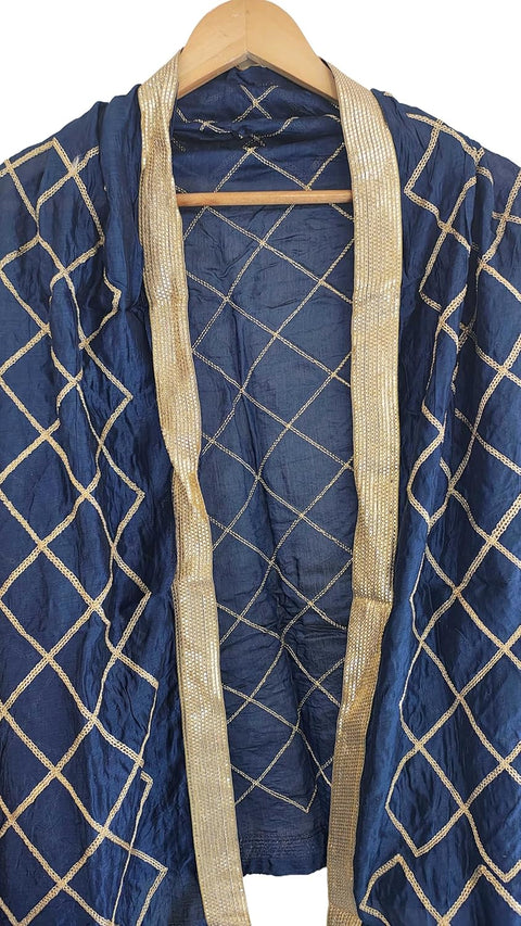 Indis Scarves Silk Embroidery Dupatta with Gold Grid Pattern, Traditional Ethnic Shawl Wrap with Tassel Detail