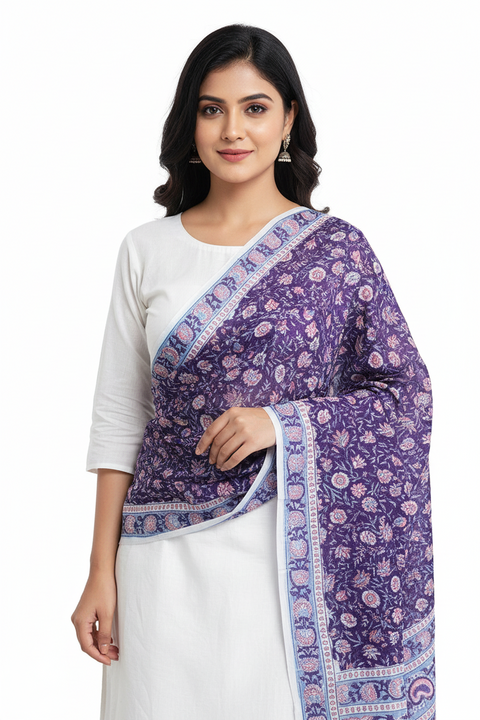 Hand Block Printed Bagru Dupatta in Pure Cotton Malmal(Dark Purple)