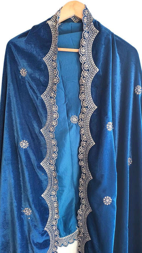 Luxury Micro-Velvet Embroidered Dupatta for Women | Heavy Scalloped Cutwork Border with Butti Work